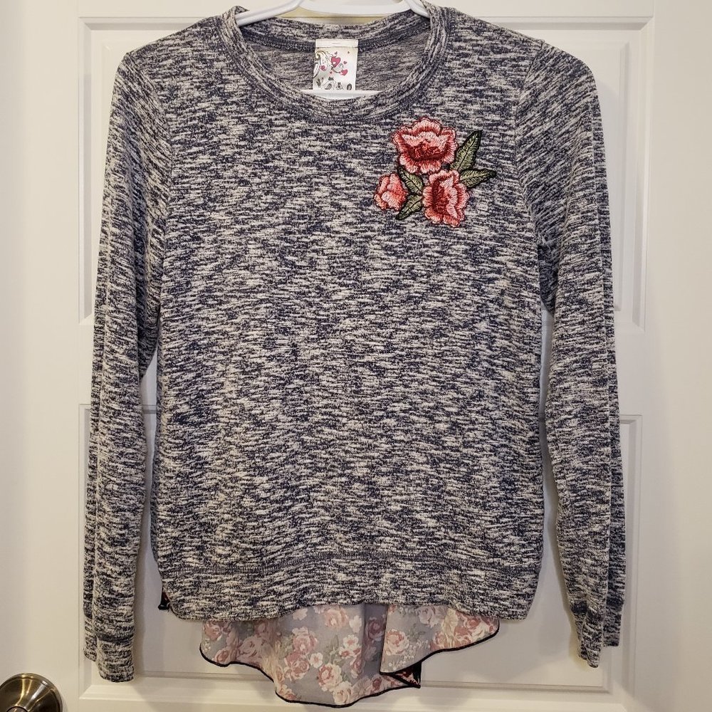Jenna & Jessie Girl's Grey Blue Shirt Burgundy Pink Embroidery Roses-Size L (14)